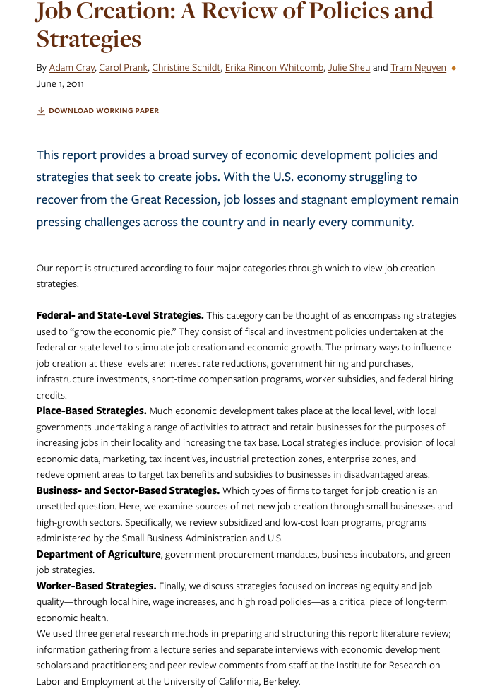 Job Creation: A Review of Policies and Strategies